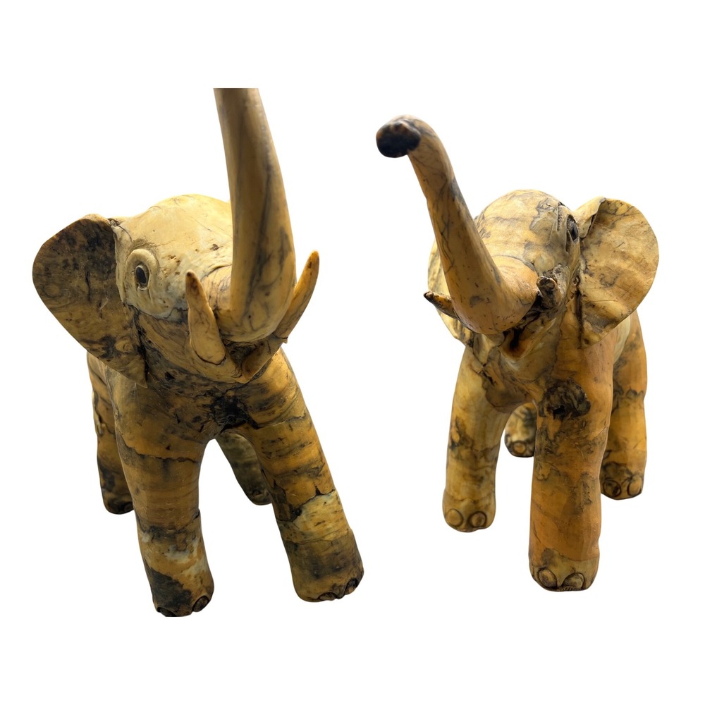 Two Vintage Large Carved Oyster Shell Elephant figurines 10" x 12"